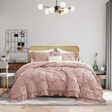 Imagem de AMZTOP Conjunto de edredom rosa, tamanho casal, 3 peças, para todas as estações, 1 edredom e 2 fronhas, cor lisa, plissada, princesa, rústico, casa de fazenda, macio, aconchegante e fofo, conjunto de