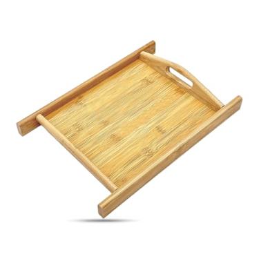 Imagem de Bandeja de servir de bambu natural com alças (média) – Travessa decorativa para alimentos, café da manhã, mesa de centro de madeira, otomano, sofá, piquenique da The Display Guys