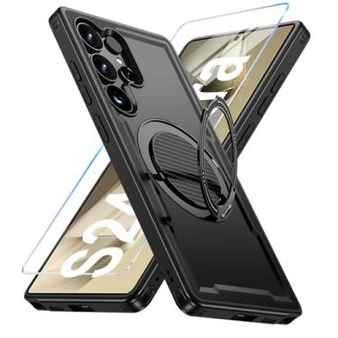 Imagem de Capa para Samsung Galaxy S24 Ultra compatível com Mag-Safe, suporte de anel giratório 360, capa com suporte magnético, capa de telefone à prova de choque de grau militar, com protetor de tela, TPU e