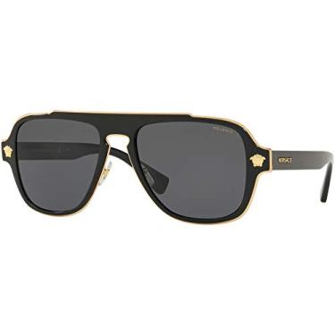 Imagem de Versace Medusa Charm VE 2199 100281 Óculos de sol aviador de plástico preto, lentes polarizadas cinza