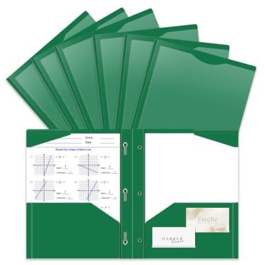 Imagem de Pacote com 6 pastas de plástico resistente com garras e bolso frontal transparente, 3 bolsos com 3 pinos e 2 compartimentos para cartão, pastas de arquivo verde escuro servem em papel tamanho carta