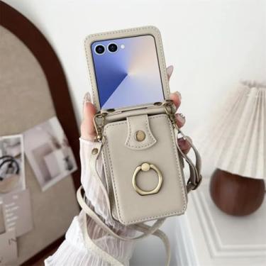 Imagem de Capa de couro para Galaxy Z Flip5, carteira, anel de dedo, porta-cartões, capa protetora transversal (para Galaxy Z Flip5/bege)