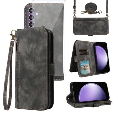 Imagem de Asuwish Capa de celular para Samsung Galaxy S23 FE 5G carteira celular com protetor de tela de vidro temperado alça transversal alça flip zíper compartimento para cartão de crédito TPU S 23 EF S23FE