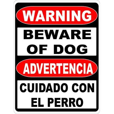 Imagem de Glad grace Sinal de aviso bilíngue Beware of Dog. Placas de segurança em inglês e espanhol. Metal de 20 x 30 cm.