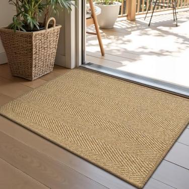 Imagem de LUMI Tapete de porta de sisal tecido à mão, tapete de entrada durável antiderrapante, capacho frontal de boas-vindas, tapetes sólidos para entrada, 51 x 81 cm, sisal de espinha de peixe