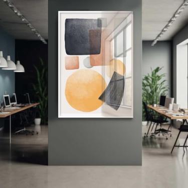 Imagem de Quadro Decorativo com Moldura e Acrilico Cristal Vidro Abstrato Geomêtrico Preto Amarelo Sala Quarto Hall