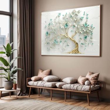 Imagem de Quadro com Moldura e Acrilico Cristal Vidro Sala Quarto Arvore Azul Verde Arte Decorativo Horizontal Grande Hall