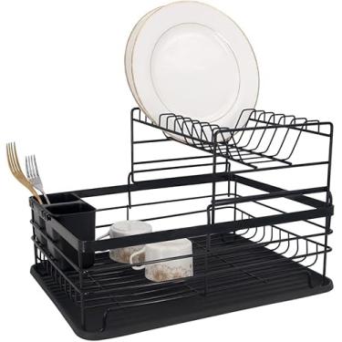 Imagem de Escorredor de Louças 2 Andares em Aço Preto com Bandeja Coletora e Porta-Talheres Removível | Organizador de Pratos, Copos e Utensílios para CozinhaAço inoxidável