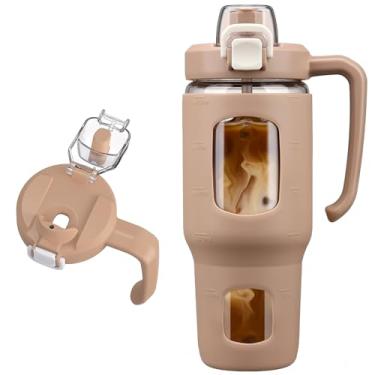 Imagem de Copo de vidro de 940 ml com alça e tampa 2 em 1, copo de café gelado reutilizável para smoothie, matcha, milkshake, garrafa de água de vidro à prova de vazamento com canudo e manga de silicone, livre