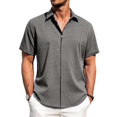 Imagem de Camisa masculina J.VER, de linho, casual, manga curta, com botão, cinz