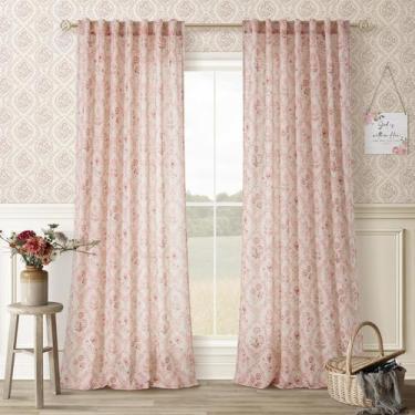 Imagem de Cortinas TWOPANELS, linho floral rosa, 300 cm, conjunto de 2 painéis
