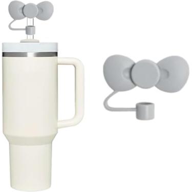 Imagem de Topo de palha de silicone com laço fofo cinza para Stanley 30 e 1,134 g, tampa de palha à prova de respingos, capa de canudo reutilizável, capas de ponta de canudo de 10 mm para Stanley