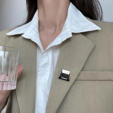 Imagem de Broche de máquina de escrever preto telégrafo para mulheres vintage desenho animado máquina de fax escritor letras esmaltadas botões moda criativa lapela alfinetes jaqueta colar crachá acessórios