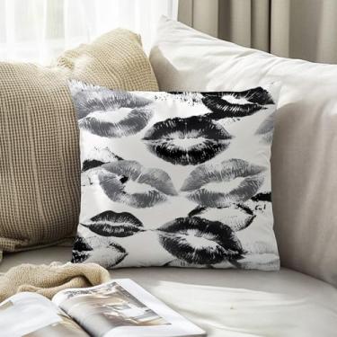 Imagem de Capas de almofada de lábios retrô em preto e branco 45 x 45 cm, beijo estético, lábios pretos, capas de almofada decorativas