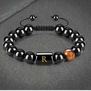 Imagem de Pulseiras masculinas com contas iniciais – Pulseira masculina feita à mão de 10 mm com pedra vulcânica e pedra vulcânica, pulseiras para alívio de estresse, Large, Aço inoxidável, Sem Pedra Preciosa