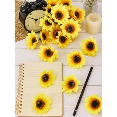 Imagem de 30 peças de girassol de plástico, flores artificiais amarelas, mini girassol falso para artesanato para casamento, casa, guirlanda, grinalda, artesanato, decoração de acessórios, 6,7 x 2,6 cm