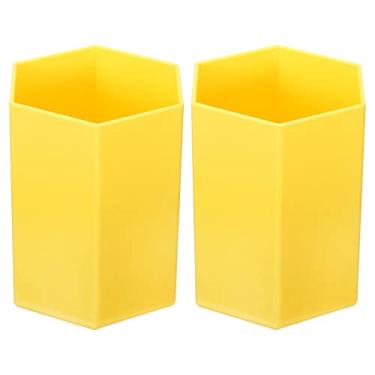 Imagem de Suporte de lápis, pacote com 2 canetas de plástico, porta-pincéis de maquiagem, organizador hexagonal, organizador de papelaria para escritório em casa, amarelo