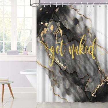 Imagem de OERJU Cortina de chuveiro Marble Get Naked preta e dourada com textura de mármore para banheiro, cortina de banho abstrata, moderna, com ganchos, banheira, acessórios de decoração de casa 183 x 213 cm