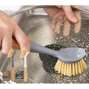 Imagem de Pacote com 2 escovas de cozinha para limpeza de louças, escova de limpeza doméstica, para louça, panela, pia de cozinha, cinza, branco