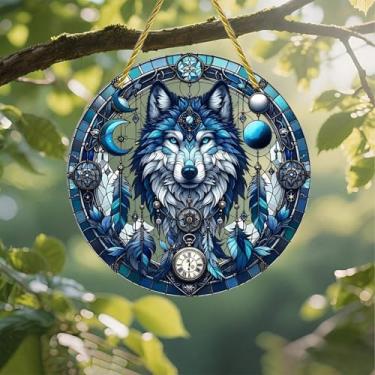 Imagem de Acrílico colorido, apanhador de sonhos de lobo, vitral de janela suspensa de 18 cm, decoração de arte de parede com design de vitral impresso, ideia de presente e ornamento de jardim, uso interno e