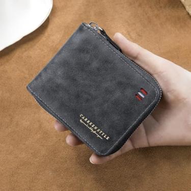 Imagem de Carteira masculina vintage dobrável com zíper - Carteira compacta de couro PU multifuncional com compartimento para dinheiro, compartimentos para cartões e bolso para moedas, Preto, Elegante