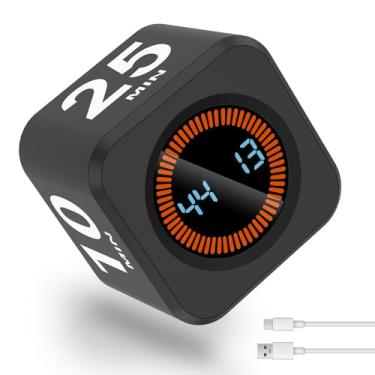 Imagem de ZJRDYYK Temporizador de cubo, temporizador visual giratório, 4 tempos predefinidos (5/10/25/50 min), temporizador de produtividade recarregável, cubo com sensor de gravidade com visor visual para