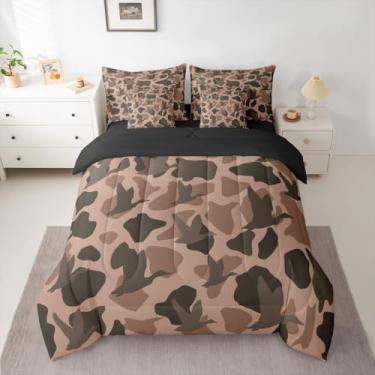 Imagem de Jogo de cama casal de 7 peças, camuflagem de pato selvagem, conjunto de edredom infantil com lençóis, fronhas e capa de almofada para meninas, camuflagem, caça, cama em uma bolsa, respirável, marrom