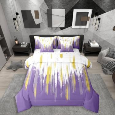 Imagem de Jogo de cama solteiro roxo com 7 peças, grafite ombré, listrado, para decoração de quarto abstrata, cinza, amarelo, violeta, pinceladas, pintura a óleo, lençol com lençóis, arte estética moderna
