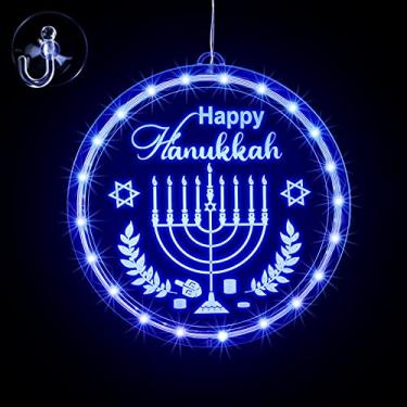 Imagem de Luzes de decoração de Hanukkah, menorá de Chanucá, luzes de janela com ganchos de ventosa, luzes azuis penduradas de LED, operadas por pilhas, para férias, inverno, casa judaica, decoração interna e