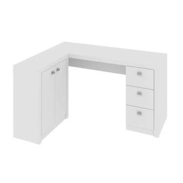 Imagem de Mesa Escritório em L com 3 Gavetas e Armários - Escrivaninha Home Office Branco para Computador e Estudos