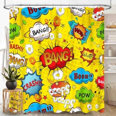 Imagem de Cortina de chuveiro de super-herói, estampa retrô cômica, colorido, super-herói, amarelo, crianças, adolescentes, tecido impermeável, conjunto de cortina de banheiro com ganchos, 183 cm x 183 cm