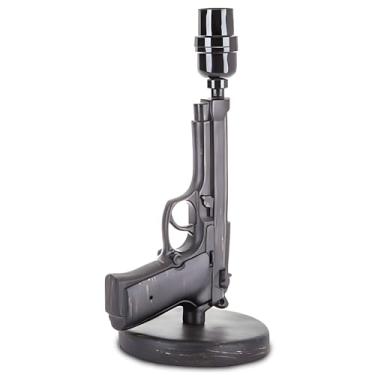 Imagem de Candeeiro de mesa de pistola rústica – Candeeiro de exterior inovador realista – Lanterna de mesa com acabamento preto escovado e detalhes dourados – Decorações de armas para caverna masculina