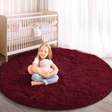 Imagem de KIXINWA Tapete redondo para quarto, tapete circular macio 10 x 10 cm para quarto de crianças e meninas, tapete circular lavável de pelúcia felpudo para sala de estar, decoração de casa, vinho