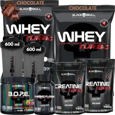 Imagem de Kit 2x Whey Protein Turbo 907g + 2x Creatina Monohidratada 150g + Pré-Treino BOPE 150g + Thermo Flame Termogênico 120 Tabletes+ 2x Coqueteleira - Black Skull (Whey Chocolate + Bope Frutas Vermelhas)