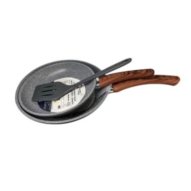 Imagem de Jogo 2 Frigideiras Antiaderentes com Espátula Silicone Kit Cozinha 20cm e 24cm Revestimento Cerâmico Cinza
