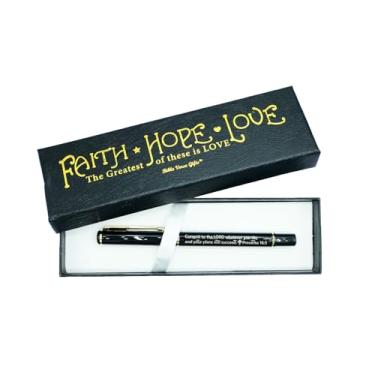 Imagem de Caneta tinteiro com versículo bíblico cristão com texto de folha dourada fé esperança amor caneta capa Jesus Cristo escritura religiosa oração devocional diário espiritual presentes Natal provérbios