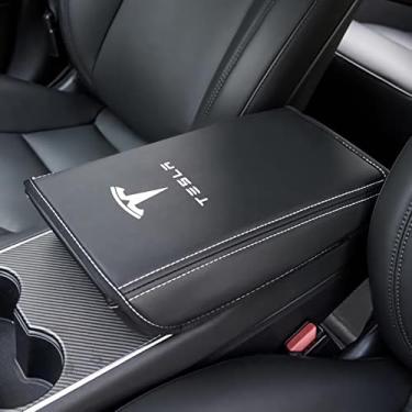 Imagem de Getnoog Capa de console central para Tesla Model Y Model 3, capa de apoio de braço antiderrapante para acessórios Tesla Model 3 Y, protetor de almofada de caixa de apoio de braço de couro PU (preto)