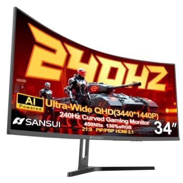 Imagem de SANSUI Monitor de jogos curvado Ultrawide de 34 polegadas 240Hz UWQHD 3440×1440, monitor curvo 21:9 2K 1500R, HDR400, Fast VA, PIP/PBP, AI Crosshair, AIPQ (Visual Enhance), MPRT 1ms, HDMI 2.1*2, DP1.4