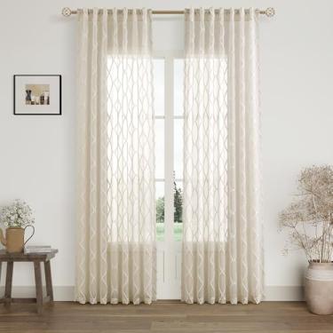 Imagem de Cortinas transparentes naturais de 224 cm de comprimento com tufos geométricos para quarto, sala de estar, berçário, janelas, campo, rústico, casa de fazenda, boho, cortina semitransparente, 2 painéis
