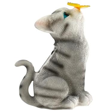 Imagem de Estátua solar de gato de jardim, decoração de gato de resina ao ar livre com luz solar de mudança de borboleta, certificação IP44 à prova d'água, para quintal, gramado, pátio, casa, presentes