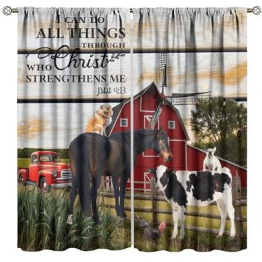 Imagem de FAOTELY Cortina de fazenda, animais vintage, cavalos, vacas, galinhas, celeiro vermelho, tábuas de madeira, caminhão, grama, janela, cortinas para sala de estar, quarto, cozinha, café (L50 x C114 cm