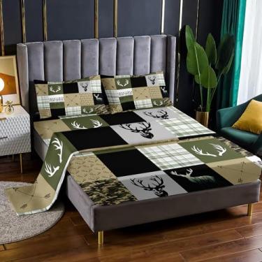 Imagem de Nttopship Jogo de cama casal camuflado de caça, 4 peças, com bolsos profundos de 41 cm, para decoração de quarto de veado, 4 peças (1 lençol + 1 lençol + 2 fronhas)