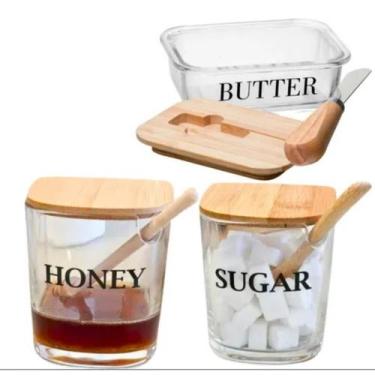Imagem de Kit Meleira Açucareiro E Manteigueira De Vidro E Tampa Basic - Wolff