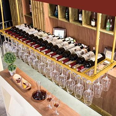Imagem de Unidade de barra suspensa de teto Rack de vinho suspenso de metal, prateleiras de garrafa de vinho de teto, suporte de copo de vinho de prateleira de decoração rústica, para embaixo do armário