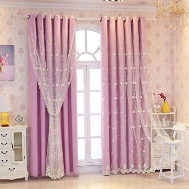 Imagem de Cortina blecaute de camada dupla bege, rosa - sobreposição de tule, blackout e voile renda branca bordada painel de cortina de sombreamento sólido em camadas, sala de estar/economia de energia
