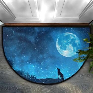 Imagem de Tapete de porta meio redondo, animal, lobo, galáxia, lua, antiderrapante, absorvente, semicírculo, tapetes laváveis, para ambientes internos e externos, pátio, cozinha, banheiro, entrada, lareira