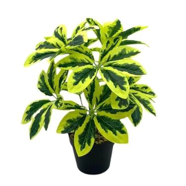 Imagem de Folhas artificiais de Schefflera, galhos de árvores artificiais para decoração de casa, arranjos florais, folhagem verde/amarela realista (amarelo)