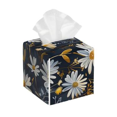 Imagem de Capa quadrada de couro para caixa de lenços à prova d'água, margarida, retrô, organizador de papel facial com cinto inferior, estojo de lenços para mesa, banheiro, escritório, mesa, carro, decorativo