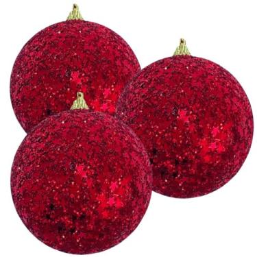Imagem de Kit com 3 Bolas, Bolinhas de Natal Vermelhas Decoradas e Brilhantes, 8cm – Enfeites Decorativos para Árvore, Pinheirinho, Ornamentos para pendurar na Árvore de Natal, De luxo