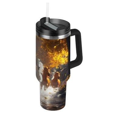 Imagem de SEHANY Copo Majestic Horse de 850 g com tampa e canudo, aço inoxidável de vácuo duplo isolado garrafa de água esportiva suporte de copo de café de viagem à prova de vazamento para bebida gelada